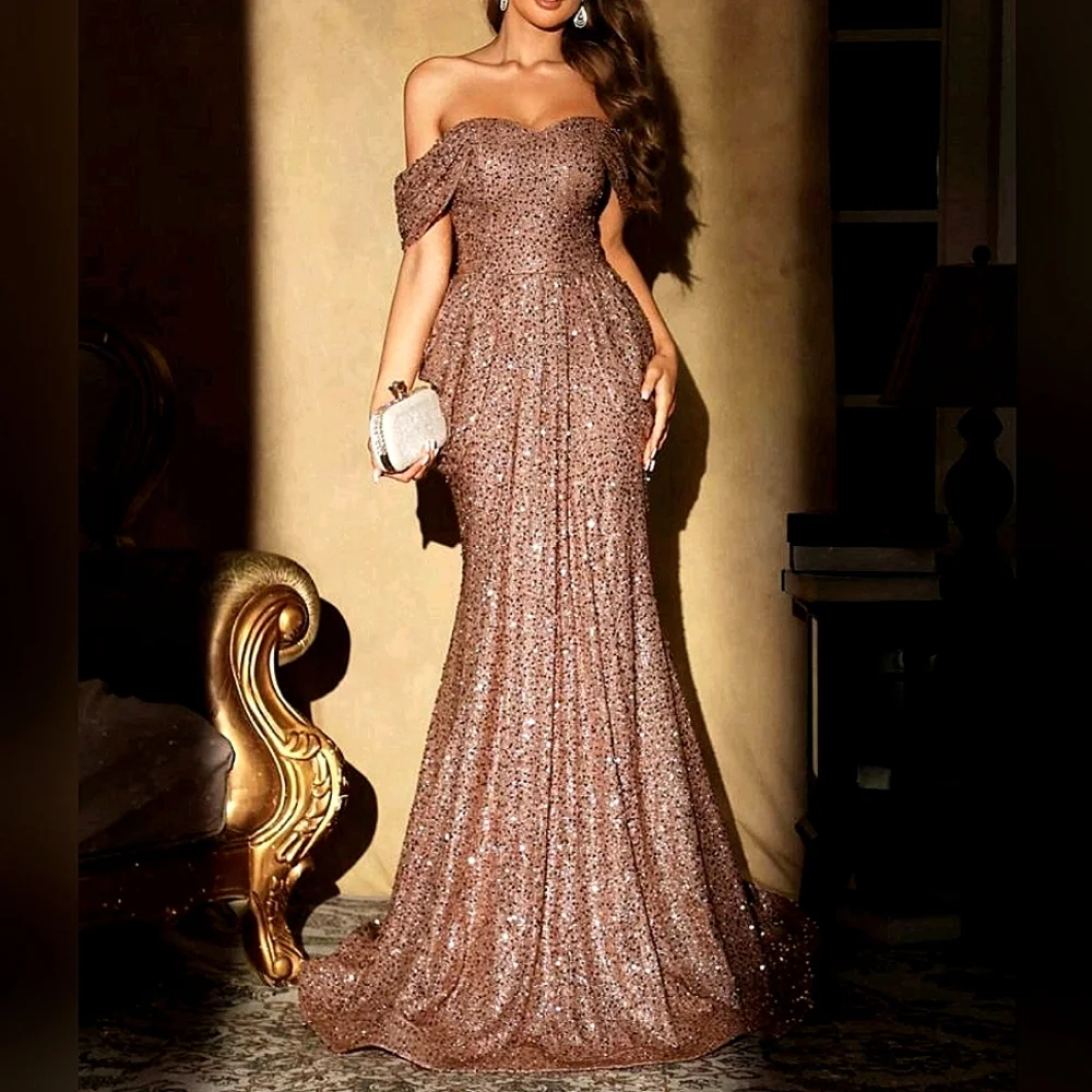 New Glam Sequin Off Shoulder Lace Up Back Ruched Gown Dress Tan Gold - Picture 7 of 9